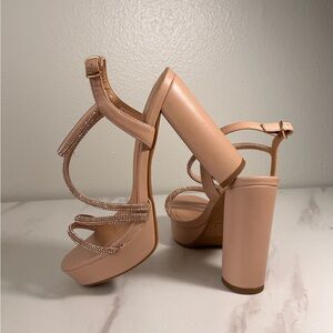Nude Platform Block Heel Sandals with Rhinestone Straps